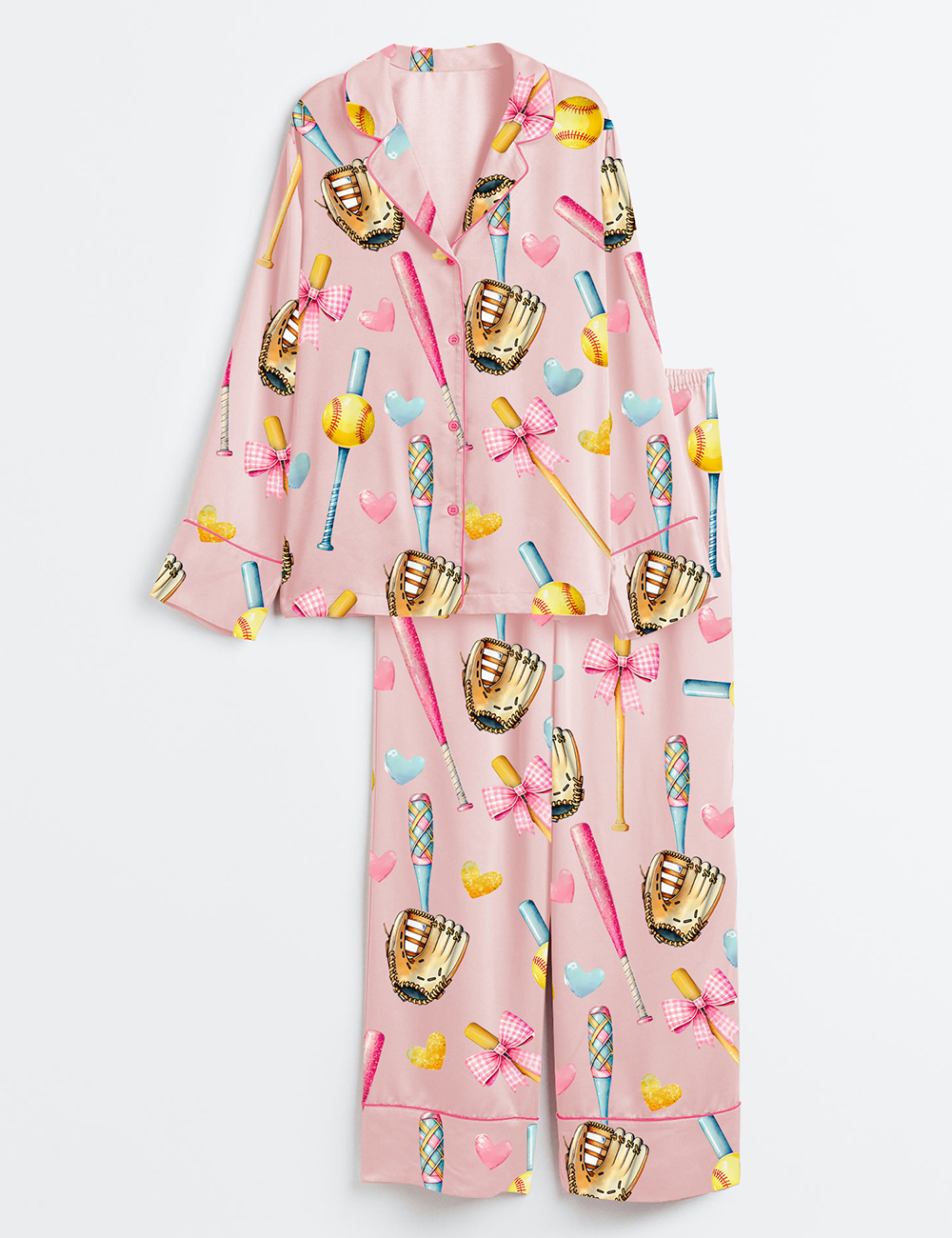 Women's Softball Bow Softball Mom Softball Girl Long Sleeve Satin Pajamas Set - Image 2