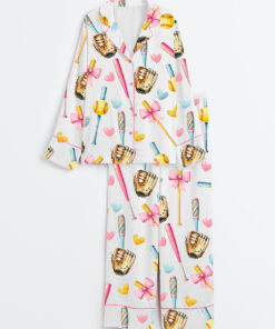 Women's Softball Bow Softball Mom Softball Girl Long Sleeve Satin Pajamas Set