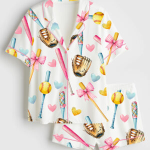 Women's Softball Bow Softball Mom Softball Girl Short Sleeve Satin Pajama Set