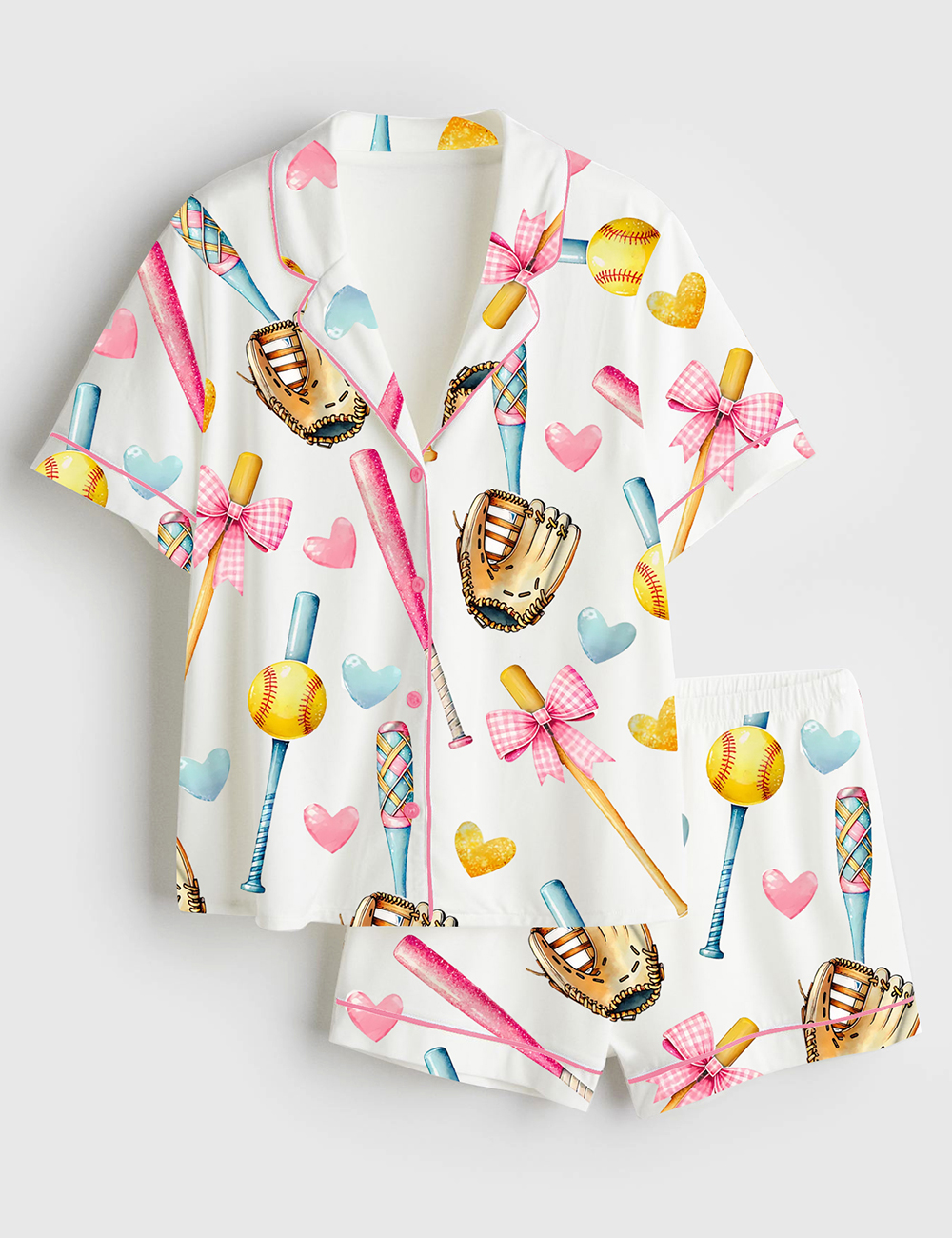 Womenâ€™s Softball Bow Softball Mom Softball Girl Short Sleeve Satin Pajama Set
