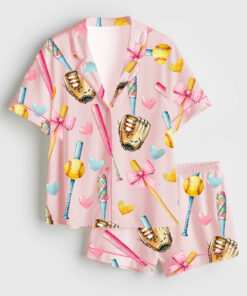 Alternative view of Women's Softball Bow Softball Mom Softball Girl Short Sleeve Satin Pajamas Set