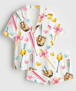 Women's Softball Bow Softball Mom Softball Girl Short Sleeve Satin Pajamas Set