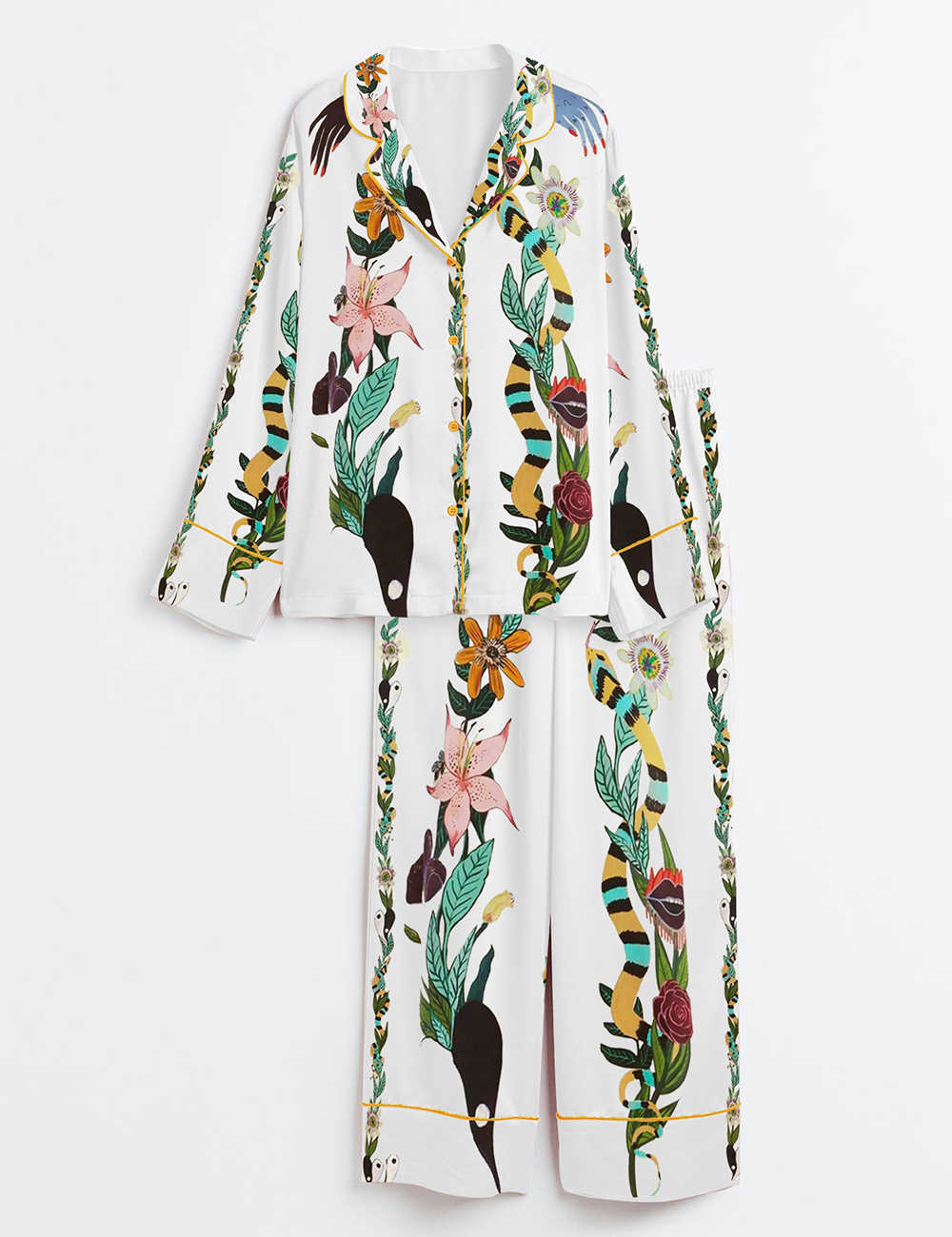 Womenâ€™s Special Flowers Hands Lips Long Sleeve Satin Pajama Set