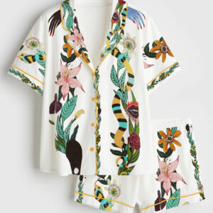 Womenâ€™s Special Flowers Hands Lips Short Sleeve Satin Pajama Set