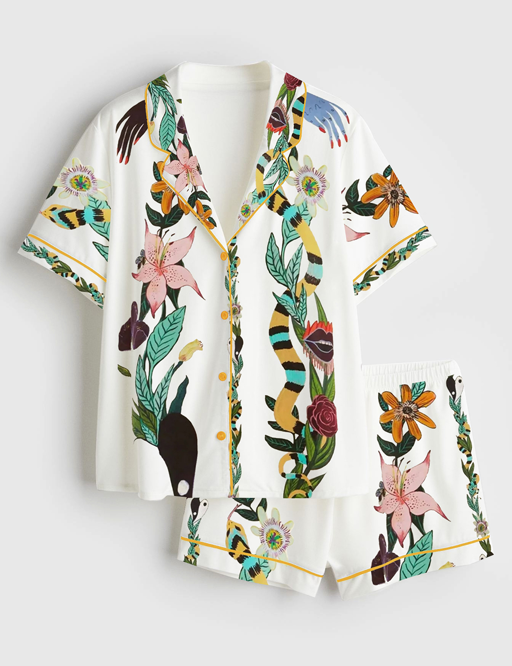 Womenâ€™s Special Flowers Hands Lips Short Sleeve Satin Pajama Set