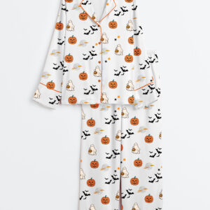 Women's Spirit Halloween Pumpkin Boo Long Sleeve Satin Pajama Set