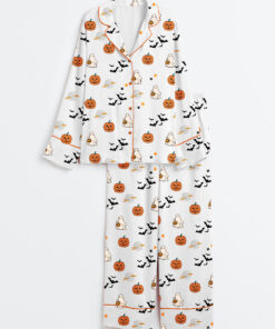 Women's Spirit Halloween Pumpkin Boo Long Sleeve Satin Pajamas Set