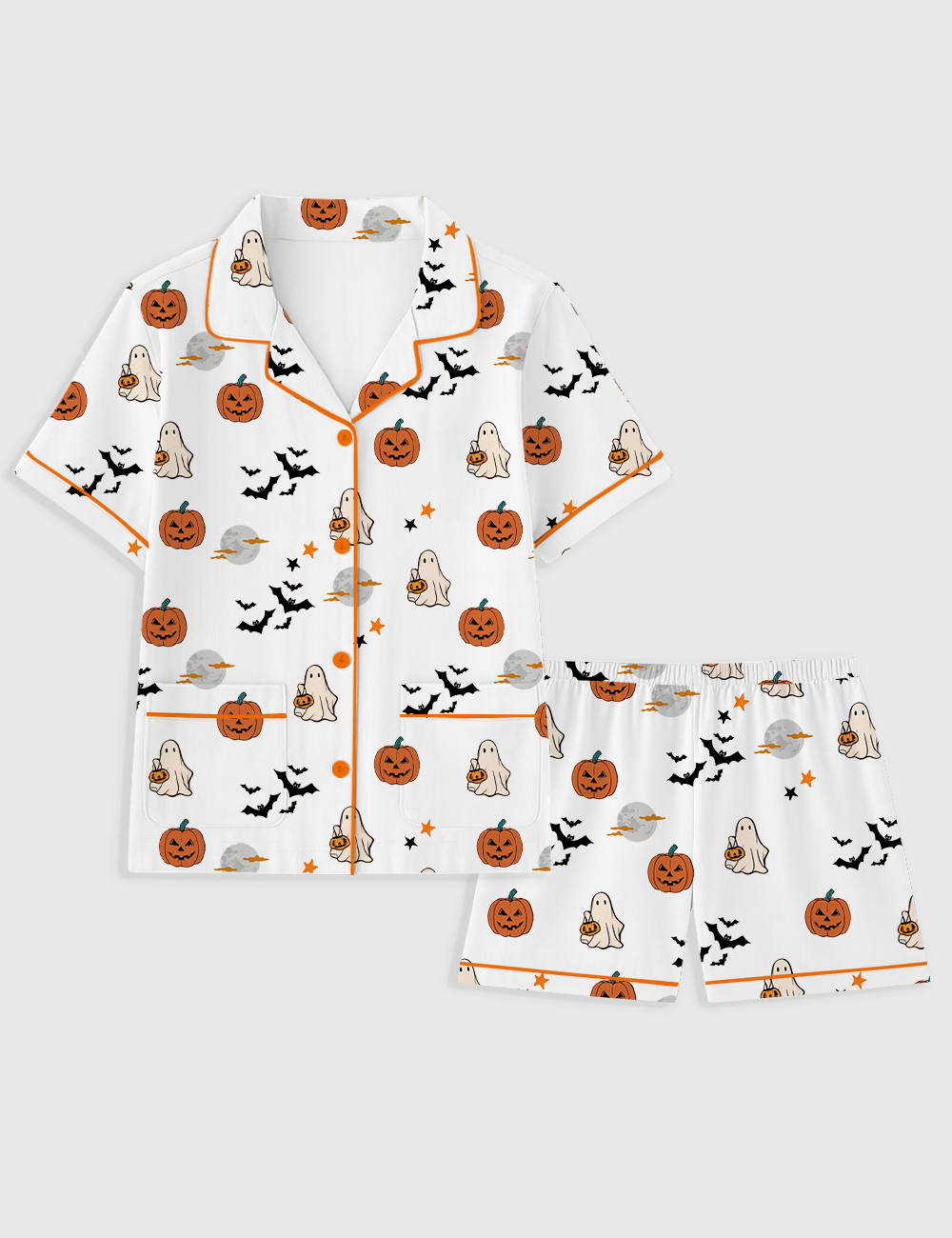 Women's Spirit Halloween Pumpkin Boo Short Sleeve Pocket Cotton Pajama Set