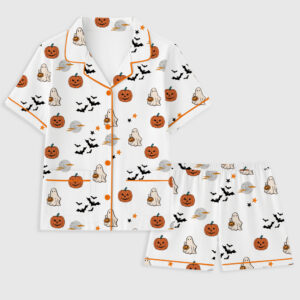 Women's Spirit Halloween Pumpkin Boo Short Sleeve Pocket Cotton Pajama Set