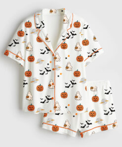 Women's Spirit Halloween Pumpkin Boo Short Sleeve Satin Pajama Set