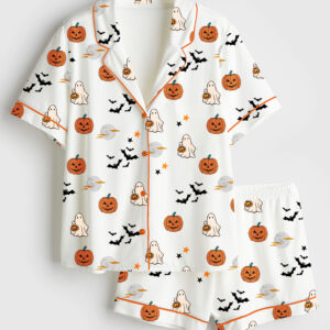 Women's Spirit Halloween Pumpkin Boo Short Sleeve Satin Pajama Set
