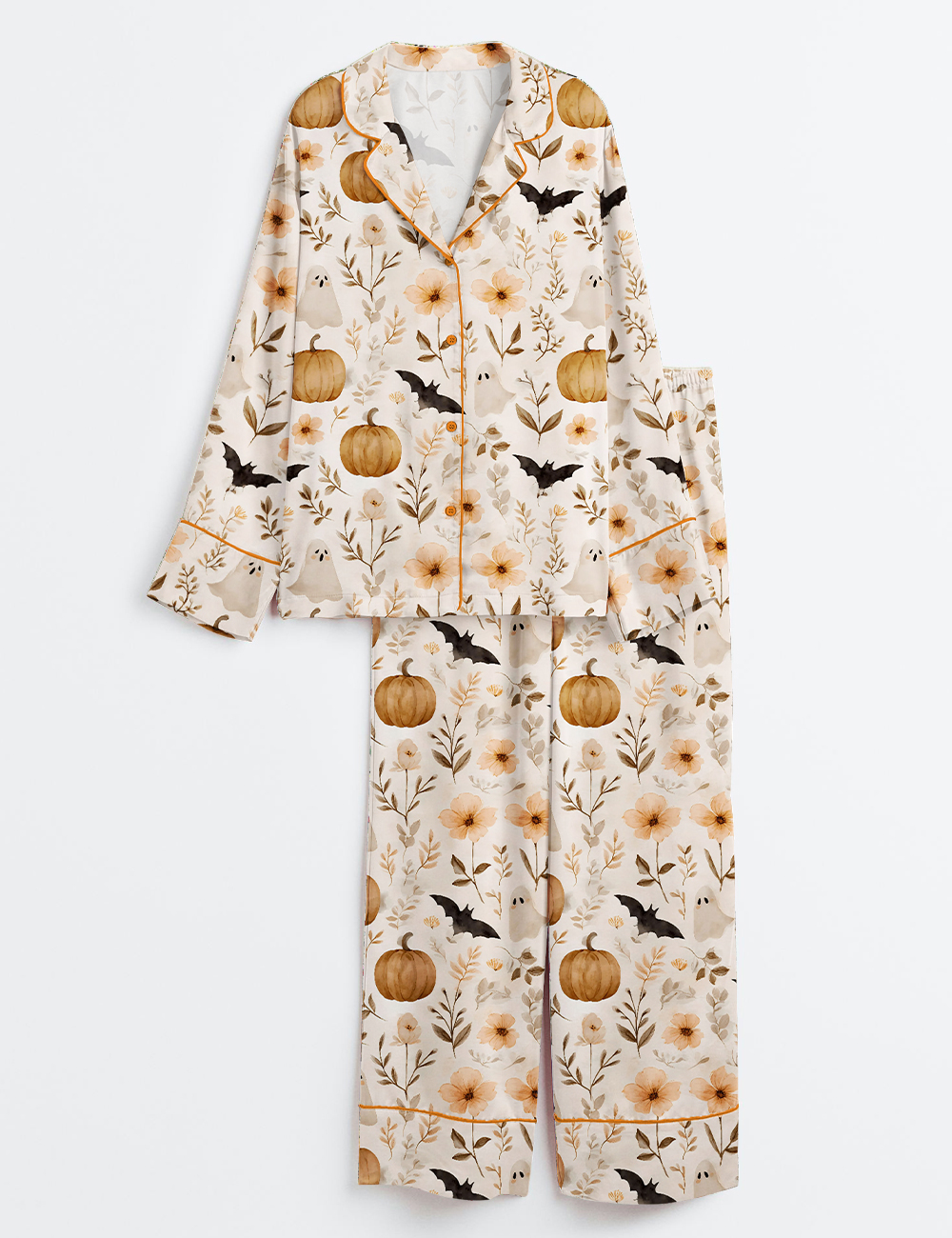 Womenâ€™s Spooky Boho Floral Ghosts Bats Pumpkins Halloween Autumn Fall Flowers Long Sleeve Satin Pajama Set