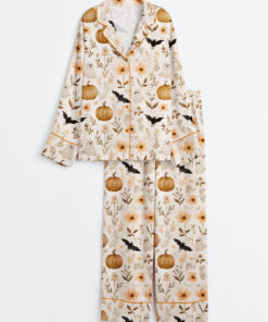 Women's Spooky Boho Floral Ghosts Bats Pumpkins Halloween Autumn Fall Flowers Long Sleeve Satin Pajamas Set