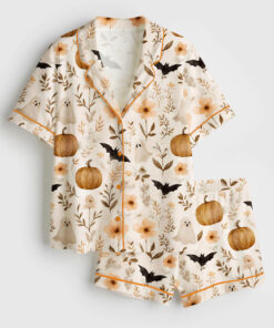 Women's Spooky Boho Floral Ghosts Bats Pumpkins Halloween Autumn Fall Flowers Short Sleeve Satin Pajama Set