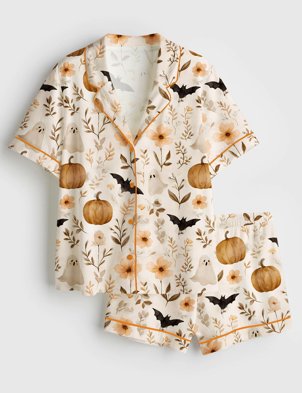Womenâ€™s Spooky Boho Floral Ghosts Bats Pumpkins Halloween Autumn Fall Flowers Short Sleeve Satin Pajama Set