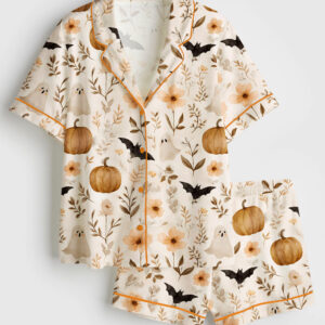 Women's Spooky Boho Floral Ghosts Bats Pumpkins Halloween Autumn Fall Flowers Short Sleeve Satin Pajama Set