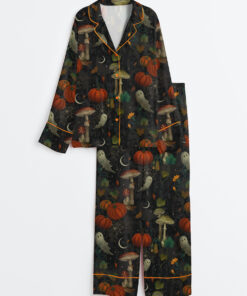 Women's Spooky Halloween Autumn Ghost And Cottagecore Halloween Trick Or Treat Horror Night Mushroom Long Sleeve Satin Pajamas Set