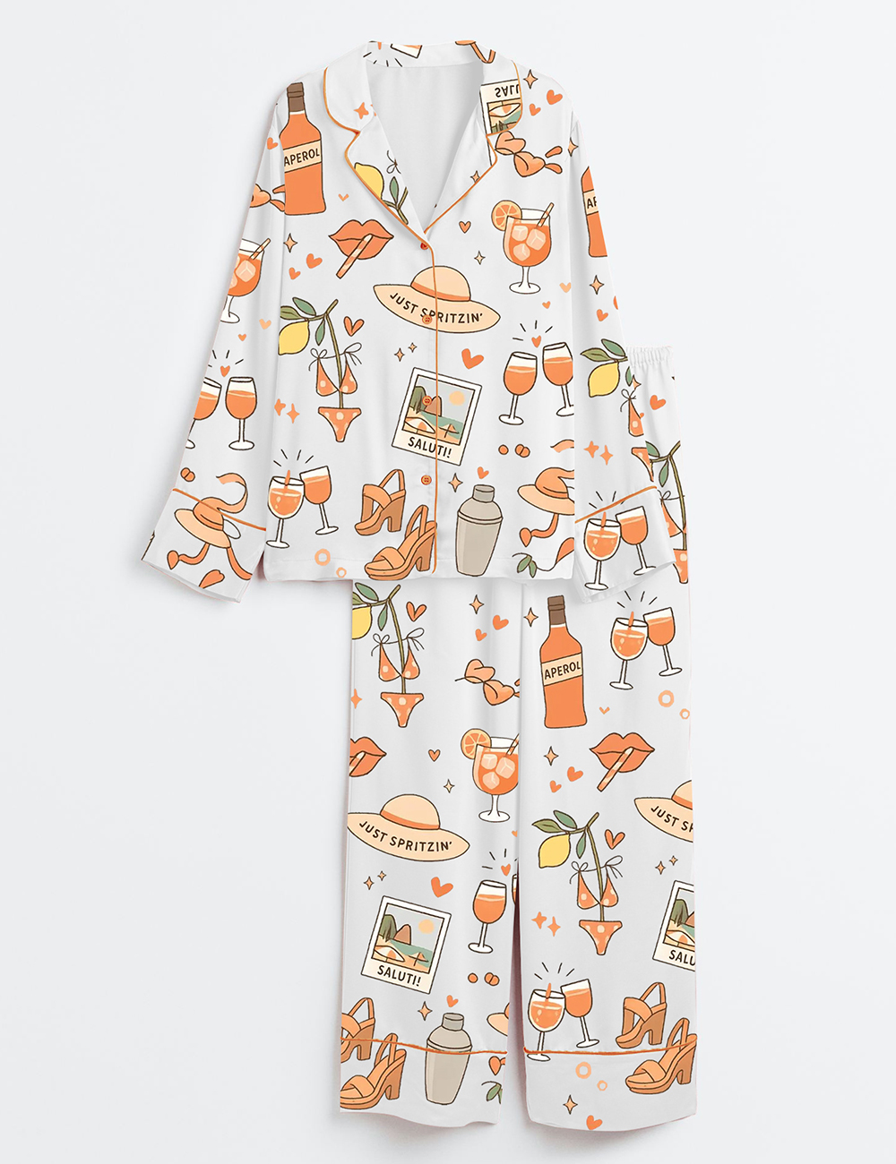 Womenâ€™s Spritz Girl Summer Aperol Bottle Cocktail Glass Heels Bikini Summer Beach Long Sleeve Satin Pajama Set