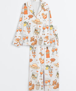 Women's Spritz Girl Summer Aperol Bottle Cocktail Glass Heels Bikini Summer Beach Long Sleeve Satin Pajamas Set