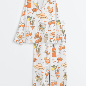 Women's Spritz Girl Summer Aperol Bottle Cocktail Glass Heels Bikini Summer Beach Long Sleeve Satin Pajamas Set