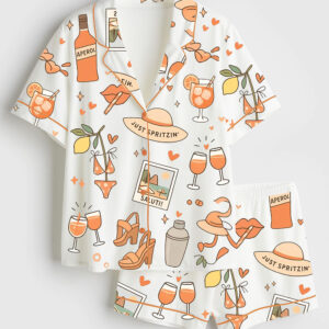 Womenâ€™s Spritz Girl Summer Aperol Bottle Cocktail Glass Heels Bikini Summer Beach Short Sleeve Satin Pajama Set