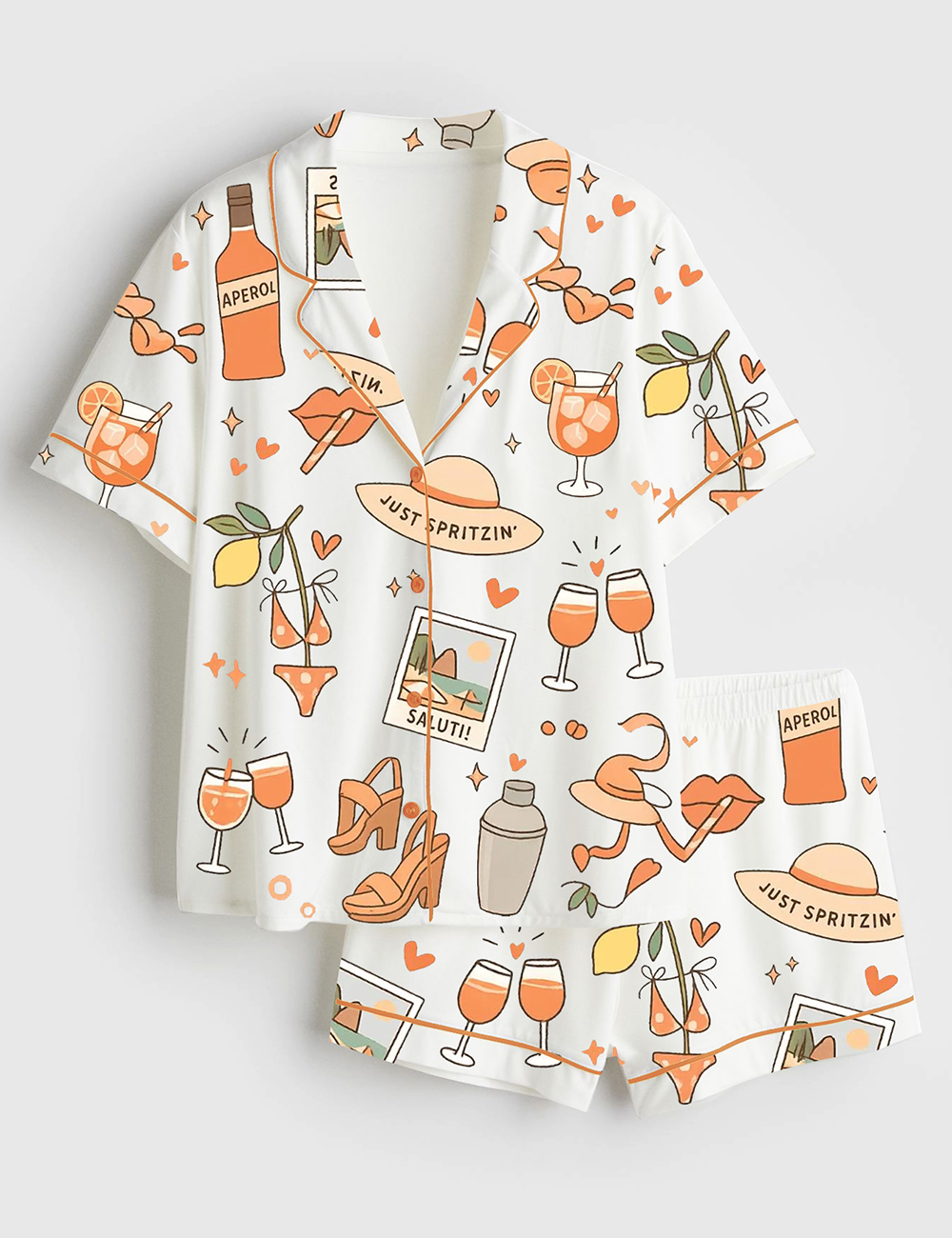 Womenâ€™s Spritz Girl Summer Aperol Bottle Cocktail Glass Heels Bikini Summer Beach Short Sleeve Satin Pajama Set