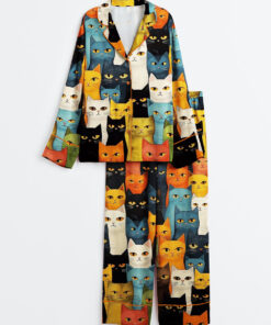 Women's Staring Colorful Cat Long Sleeve Satin Pajamas Set 
