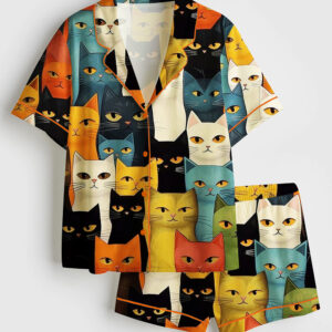 Womenâ€™s Staring Colorful Cat Short Sleeve Satin Pajama Set