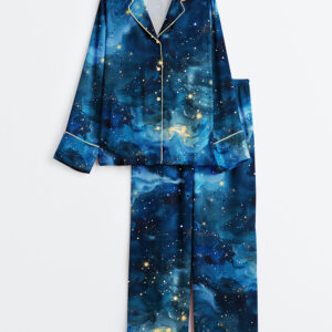 Womenâ€™s Starry Night Sky Stars And Moons Long Sleeve Satin Pajama Set