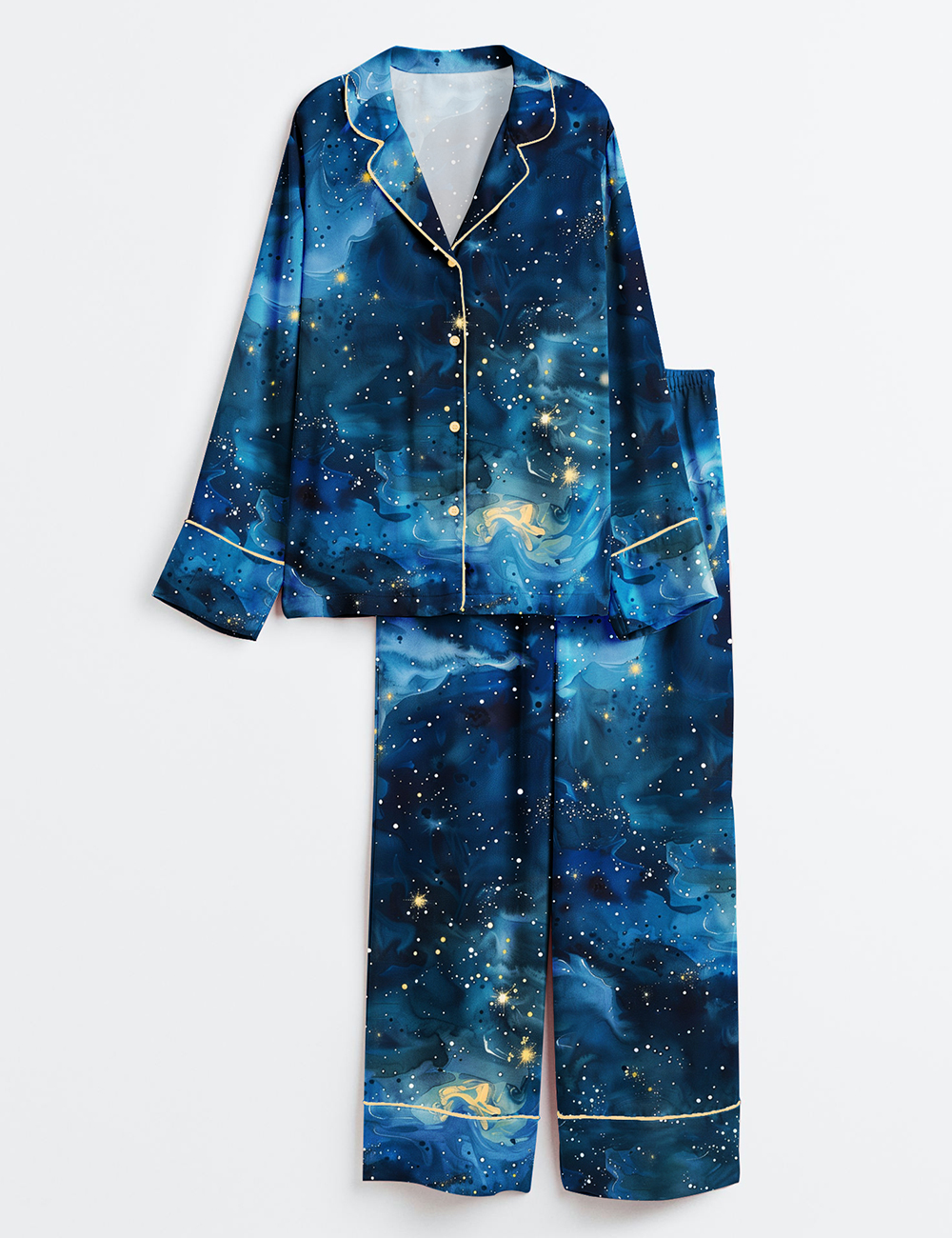 Women's Starry Night Sky Stars And Moons Long Sleeve Satin Pajama Set