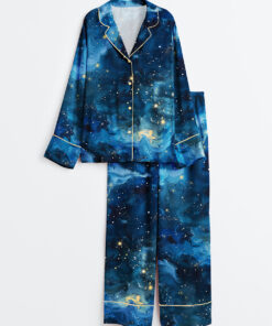 Women's Starry Night Sky Stars And Moons Long Sleeve Satin Pajamas Set