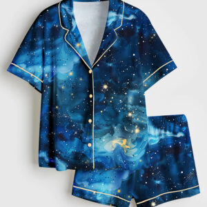 Women's Starry Night Sky Stars And Moons Short Sleeve Satin Pajama Set