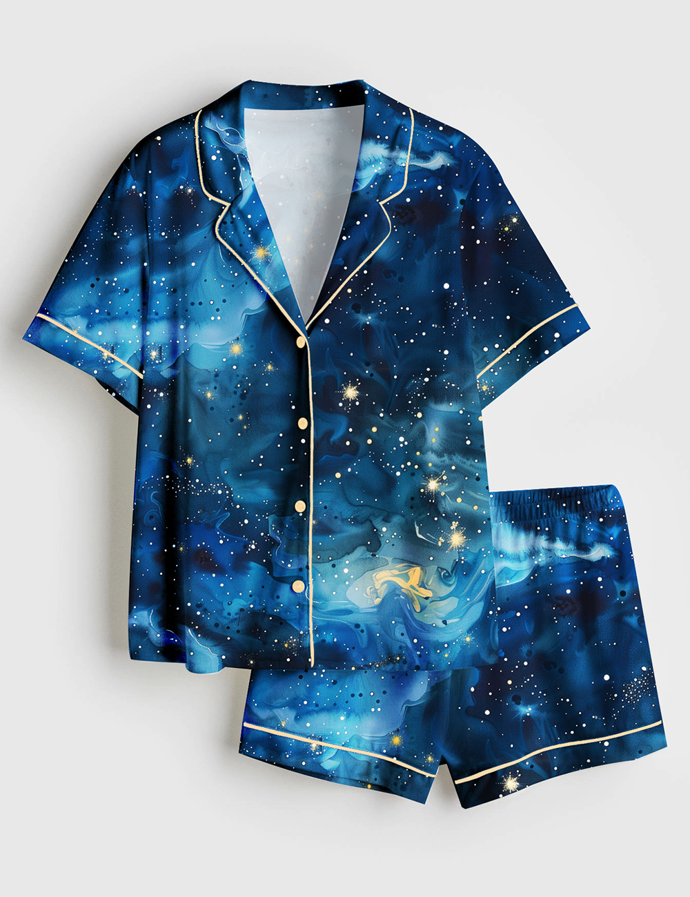 Women's Starry Night Sky Stars And Moons Short Sleeve Satin Pajama Set