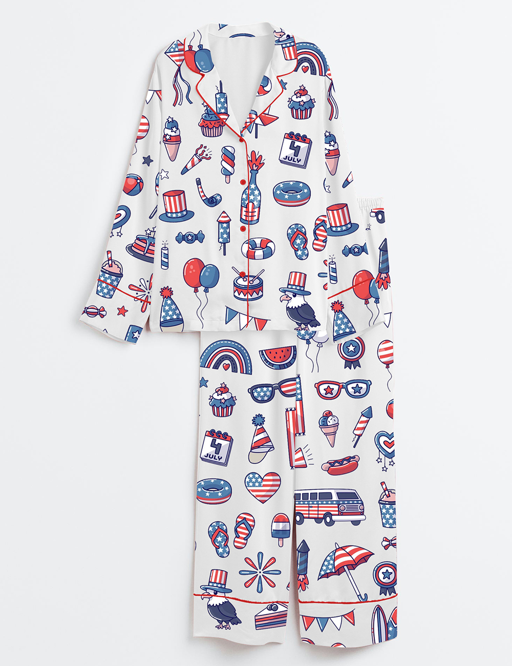 Womenâ€™s Stars And Stripes 4th Of July Independence Day Patriotic Illustration Long Sleeve Satin Pajama Set