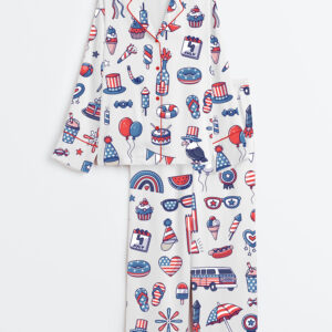 Women's Stars And Stripes 4th Of July Independence Day Patriotic Illustration Long Sleeve Satin Pajama Set