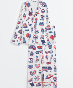Women's Stars And Stripes 4th Of July Independence Day Patriotic Illustration Long Sleeve Satin Pajamas Set