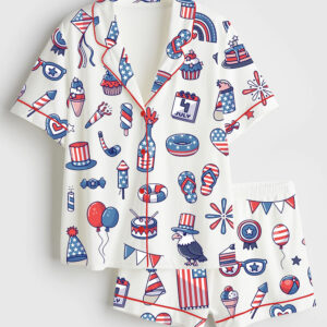 Women's Stars And Stripes 4th Of July Independence Day Patriotic Illustration Short Sleeve Satin Pajama Set