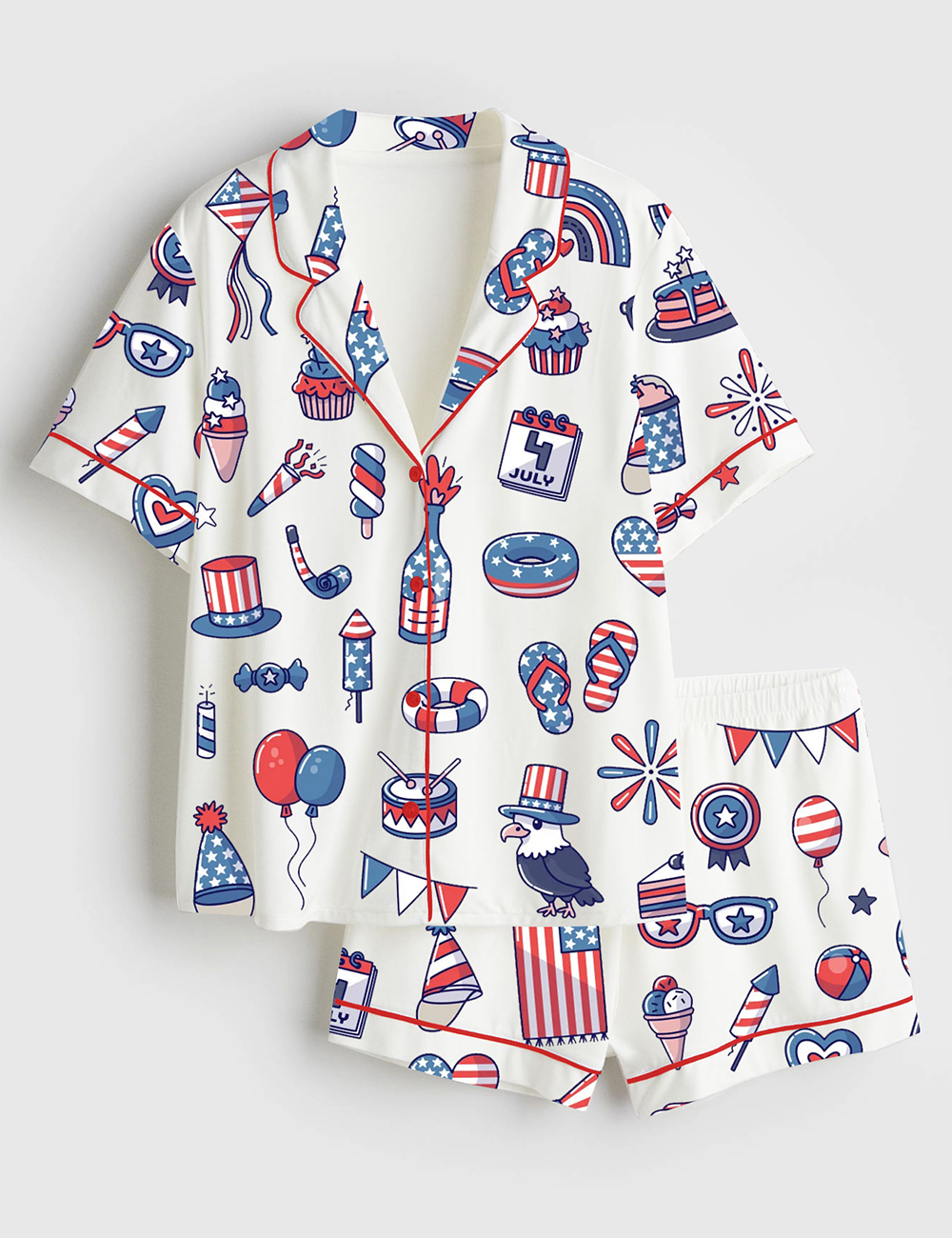Womenâ€™s Stars And Stripes 4th Of July Independence Day Patriotic Illustration Short Sleeve Satin Pajama Set