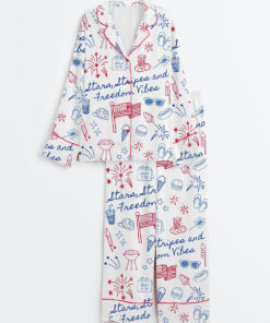 Women's Stars Stripes And Freedom Vibes 4th Of July Patriotic America Print Long Sleeve Satin Pajamas Set