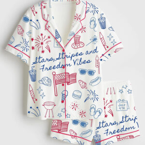 Womenâ€™s Stars Stripes And Freedom Vibes 4th Of July Patriotic America Print Short Sleeve Satin Pajama Set