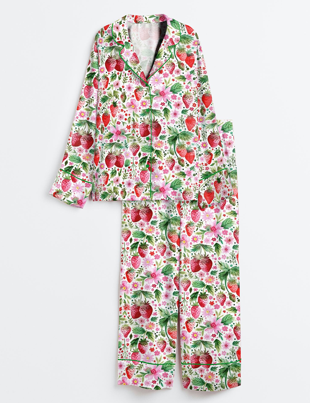Womenâ€™s Strawberries And Flowers Painted in Loose Long Sleeve Satin Pajama Set