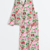 Women's Strawberries And Flowers Painted in Loose Long Sleeve Satin Pajamas Set