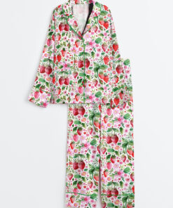 Women's Strawberries And Flowers Painted in Loose Long Sleeve Satin Pajamas Set