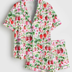 Womenâ€™s Strawberries And Flowers Painted in Loose Short Sleeve Satin Pajama Set