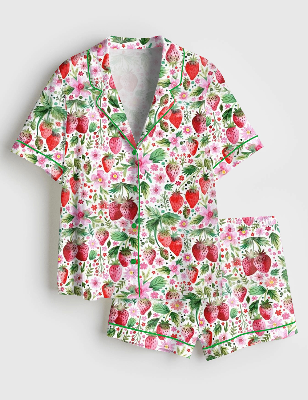Womenâ€™s Strawberries And Flowers Painted in Loose Short Sleeve Satin Pajama Set
