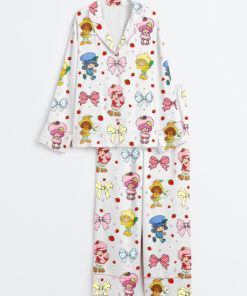 Women's Strawberry Coquette Bow Berry Sweet Girl Cartoon Long Sleeve Satin Pajama Set