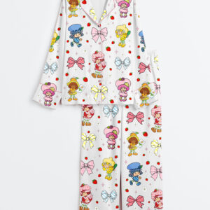 Women's Strawberry Coquette Bow Berry Sweet Girl Cartoon Long Sleeve Satin Pajama Set