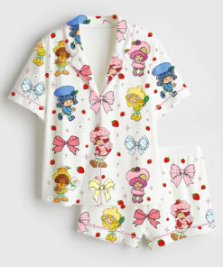 Women's Strawberry Coquette Bow Berry Sweet Girl Cartoon Short Sleeve Satin Pajama Set
