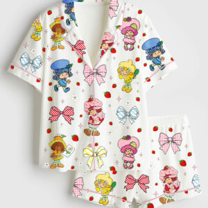 Women's Strawberry Coquette Bow Berry Sweet Girl Cartoon Short Sleeve Satin Pajama Set