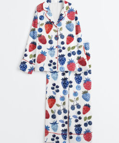 Women's Strawberry Cottagecore Summer Blueberry The 4th Of July Long Sleeve Satin Pajamas Set